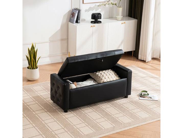 Banc Coffre Rectangulaire Noir Capitonné en Similicuir - Assise Rembourrée Mousse Épaisse - Design Élégant pour Chambre & Entrée