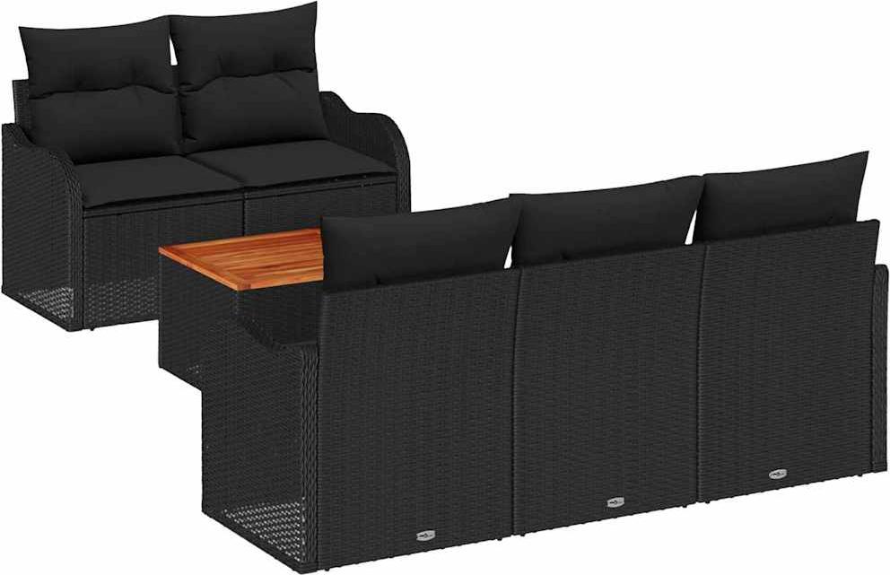 Modulares Gartensofa-Set, 6-teilig, mit Kissen & Gartentisch, Poly-Rattan & Akazienholz, UV-beständig, Schwarz