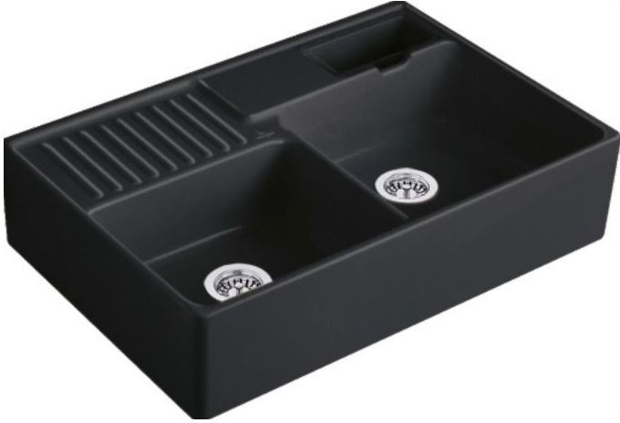 Villeroy und Boch Spülstein Doppelbecken 632391S5 Ablaufgarnitur, Handbetätigung, Resteschale, Ebony