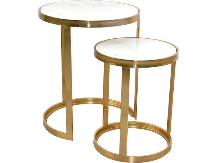 Beistelltisch HOME AFFAIRE, gold (goldfarben), H:39cm, Der Beistelltisch von Home affaire im 2-teiligen Set setzt einen edlen Akzent in den Räumen. Er verfügt über eine Tischplatte in leicht marmorierter Optik und ist mit einem schicken Gestell in metallischer Farbe versehen. Mit seinem modernen Look lässt sich das Kleinmöbel in verschiedenste Wohnkonzepte integrieren. Nach persönlichen Einrichtungsvorlieben können die Tische nebeneinander oder einzeln aufgestellt werden. Auf ihrer runden Platte bieten sie Stellfläche für Bücher, Getränke und Wohnaccessoires. Für die Herstellung der Möbel wird pulverbeschichtetes Metall verwendet. Ein trendiger Hingucker in der Einrichtung ist der Beistelltisch von Home affaire im 2-teiligen Set., Tische, Beistelltisch