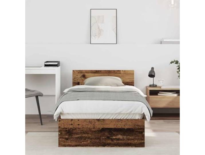 Spanplatte Modern Stil Bettgestell mit Kopfteil Braun 90 x 190 cm Bettrahmen mit Kopfteil Altholz 90x190 cm Holzwerkstoff Bettgestell Massiv Optik Stauraum Sparend Einzelbett Modern