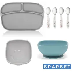 MiaMia, Kindergeschirr + Kinderbesteck, 7-tlg. Esslern-Set - 2 Silikon-Schalen