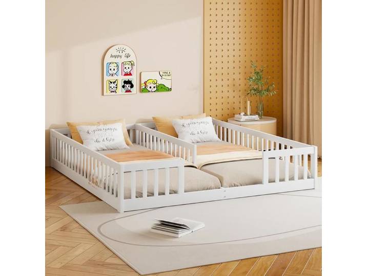 Lit 90x200 pour Enfants Jumeaux 2 Enfants Lit avec Barrières de Sécurité sans Matelas Blanc