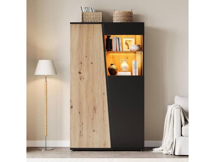 Vitrine avec éclairage LED Porte en Bois Design Bibliothèque de Cloison en Verre Armoire de Rangement Haute 80x35x139.5cm