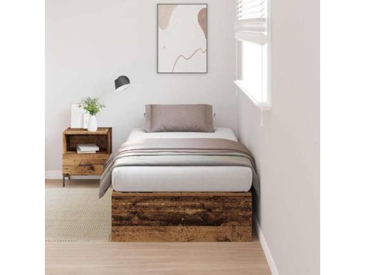 RJPLMFV Bettgestell mit Aufbewahrung, Holz, Antik-Optik, 90 x 190 cm Kiefer massiv, Scharniertüren, Griffe aus Kunstleder, integrierte Aufbewahrung, modernes Design