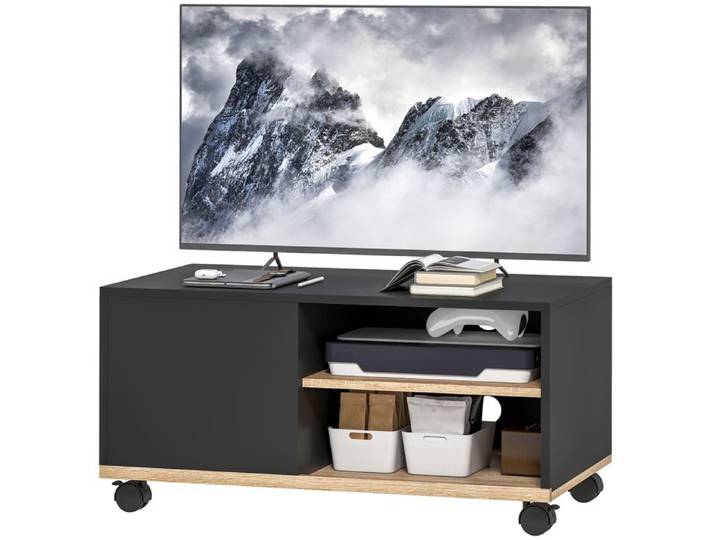 Meuble TV sur roulettes avec 2 Freins - 2 niches + Placard Porte 2 Passe-Fil - en bois Noir chêne Clair