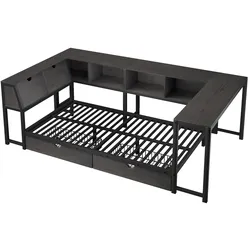 OKWISH Metallbett 90x200 cm, Schwarz, aus MDF und Metall, mit Stauraum-Kopfteil, LED-Beleuchtung, Schreibtisch und 2 Schubladen