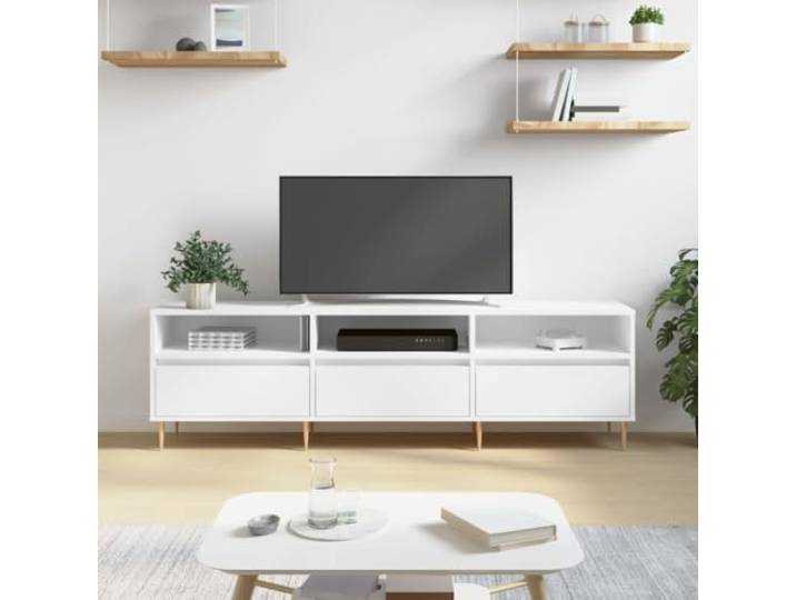 HEFZGDB TV-Schrank Weiß 150x30x44,5 cm Holzwerkstoff mit 6 Fächern und Eisenbeinen, Stauraum Möbel für Wohnzimmer, Stabile TV-Kommode mit Aufbewahrung