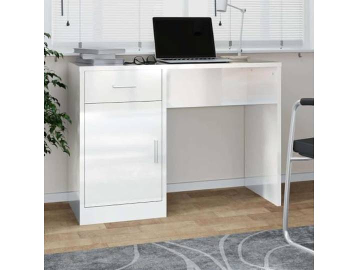GPWERSDF Schreibtisch mit Stauraum Hochglanz-Weiß 100x40x73 cm 1 Schublade, 1 Schrank, Holzwerkstoff, glatte Oberfläche, Wandbefestigung inklusive