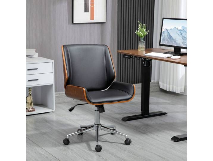 LPOSPI Chaise de bureau - vintage inclinable pivotante design bois et métal similicuir noir 53x60x96 cm