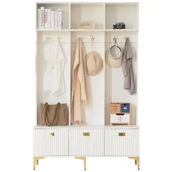 Garderobenset mit Bank 120x40x191, 6 goldene Haken, Schuhregal und Stauraum, Multifunktionale Aufbewahrung, Weiß