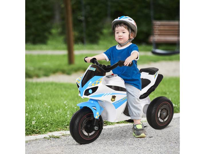 HOMCOM Porteur Moto Enfant Effets Sonores Lumières Coffre Bleu Blanc