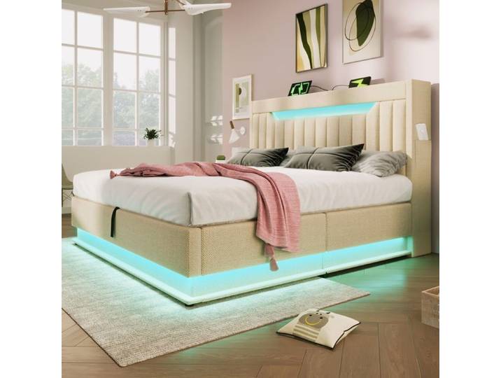 Lit coffre140x190cm avec tête de lit rayée - Chargeur USB/Type-C - Plusieurs compartiments de rangement