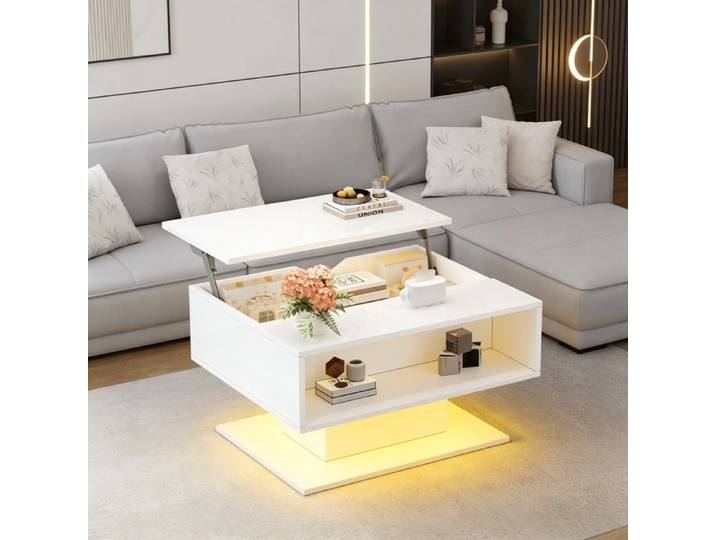 Table basse relevable 80x75x40cm Table d'appoint brillante blanche salon scandinave avec bande LED rangement dissimulé