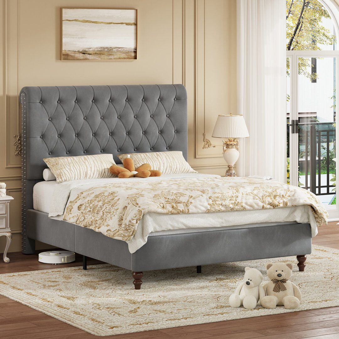 17 Stories Velvet Upholstered Bed With Deep Button-tufted Rolled-edge Headboard Grey Kingsize (5')