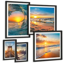 BILDER SET 5er Set - 50x50 cm & 20x30 cm & 40x60 cm Schwarzer Rahmen - Brücken, Sonnenuntergänge, Stadt