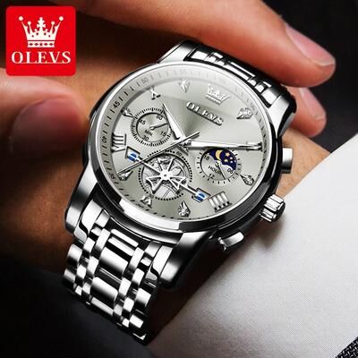 GlowBake Men Watches Classic Chronograph Watch, Original Quartz Wristwatch, Waterproof Reloj, 24 Hour Moon Phase silver Blue
