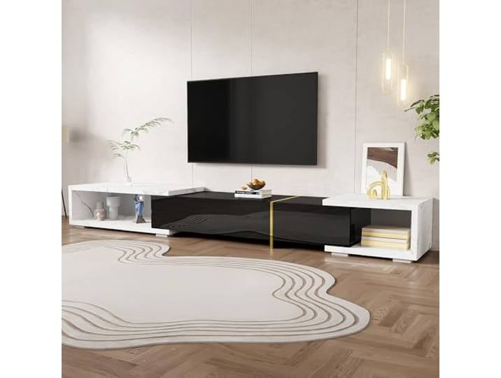 Merax TV-Schrank verstellbare Länge (140-260 cm), drehbares Lowboard mit Schwarze Marmoroptik, 140-260 L x 40 B x 30 H cm, Schwarz + Weiß Marmoroptik
