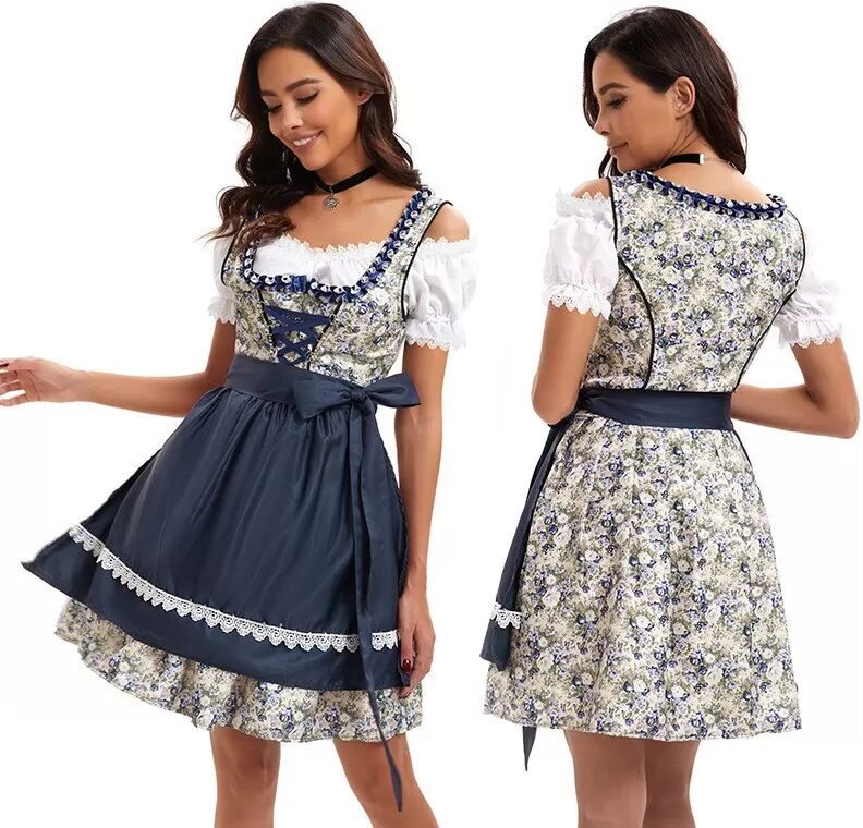 INF Oktoberfest Dirndl Kostüm: Bayerisches Bier Mädchen Outfit mit Blumendruck L