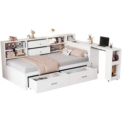 Einzelbett 90x200 aus Holz mit Stauraum, ausziehbarer Schreibtisch, Ablagefächer, USB Anschlüsse, vielseitiges Schlafzimmerdesign, Weiß