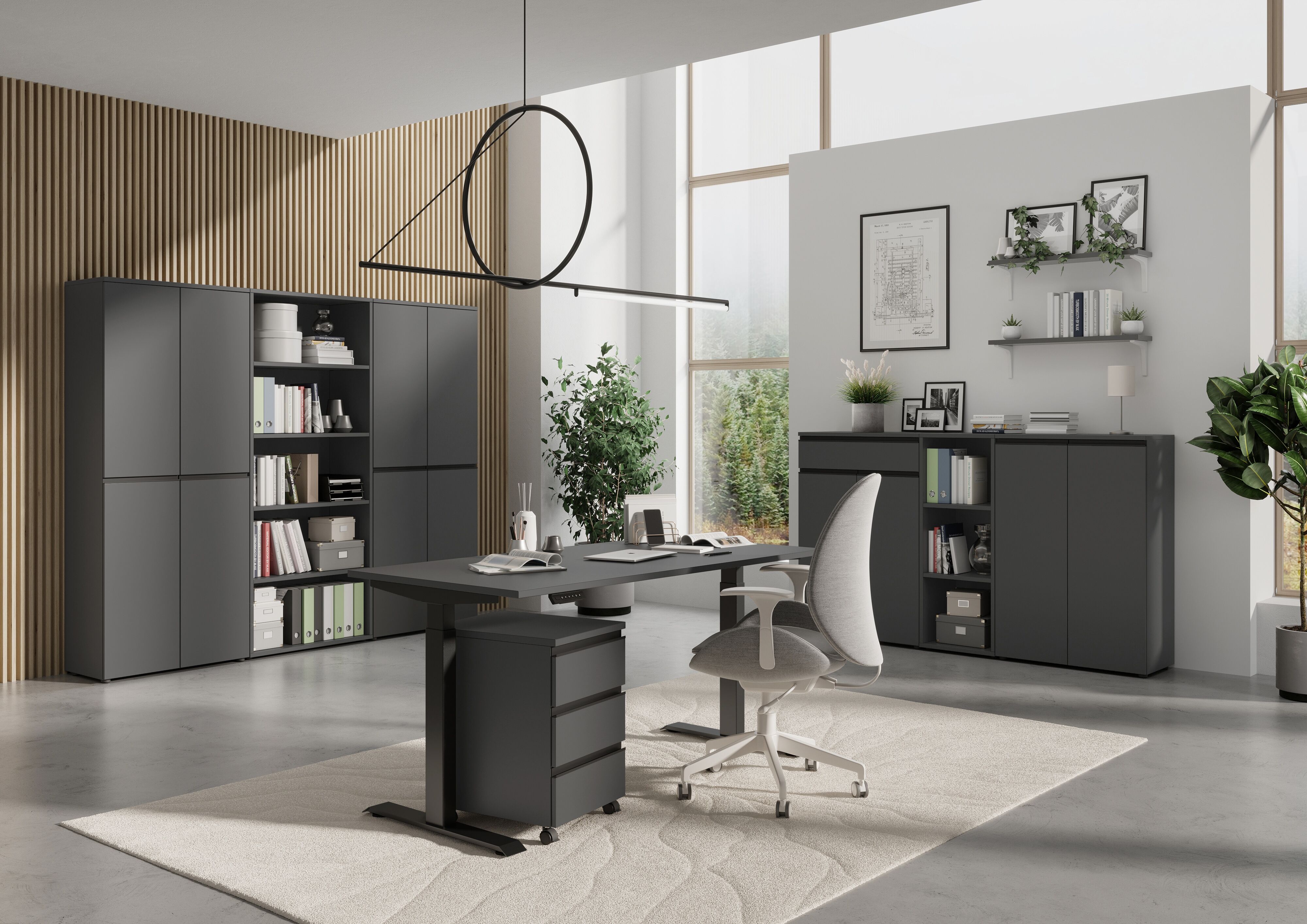 Schreibtisch GERMANIA "Lemont", grau (graphit, schwarz, graphit), B:140cm H:68cm T:80cm, Tische, Schreibtisch, Mechanisch höhenverstellbarer Schreibtisch graphit, schwarz, graphit B/H/T: 140cm x 68cm x 80cm