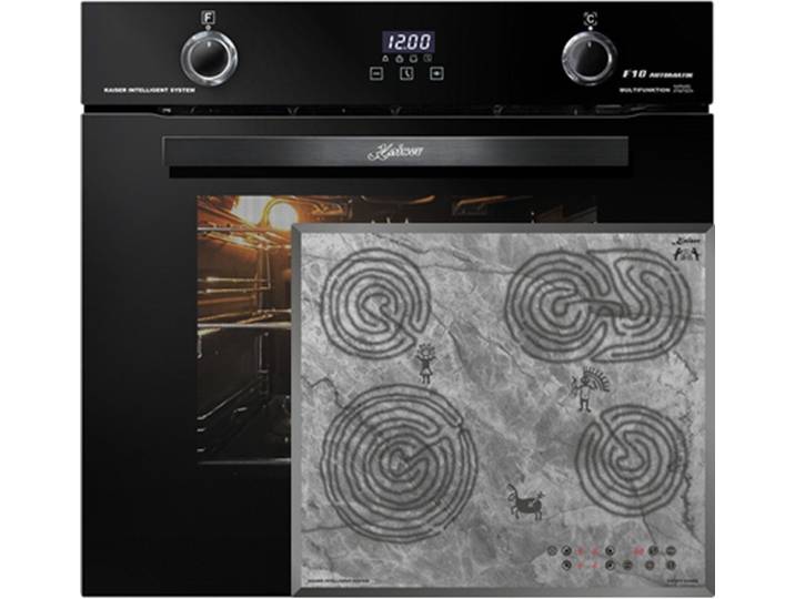 Kaiser Küchengeräte Backofen-Set Herd Set Autark Elektro Backofen, Autark, 79L, Drehspieß, Einbau Backofen,10Funktionen+Sehr Exklusives Kochfeld Autark 60cm mit Höhlenmalereimotiv EH 6367+KCT 6115 F Ära., mit 1-fach-Teleskopauszug