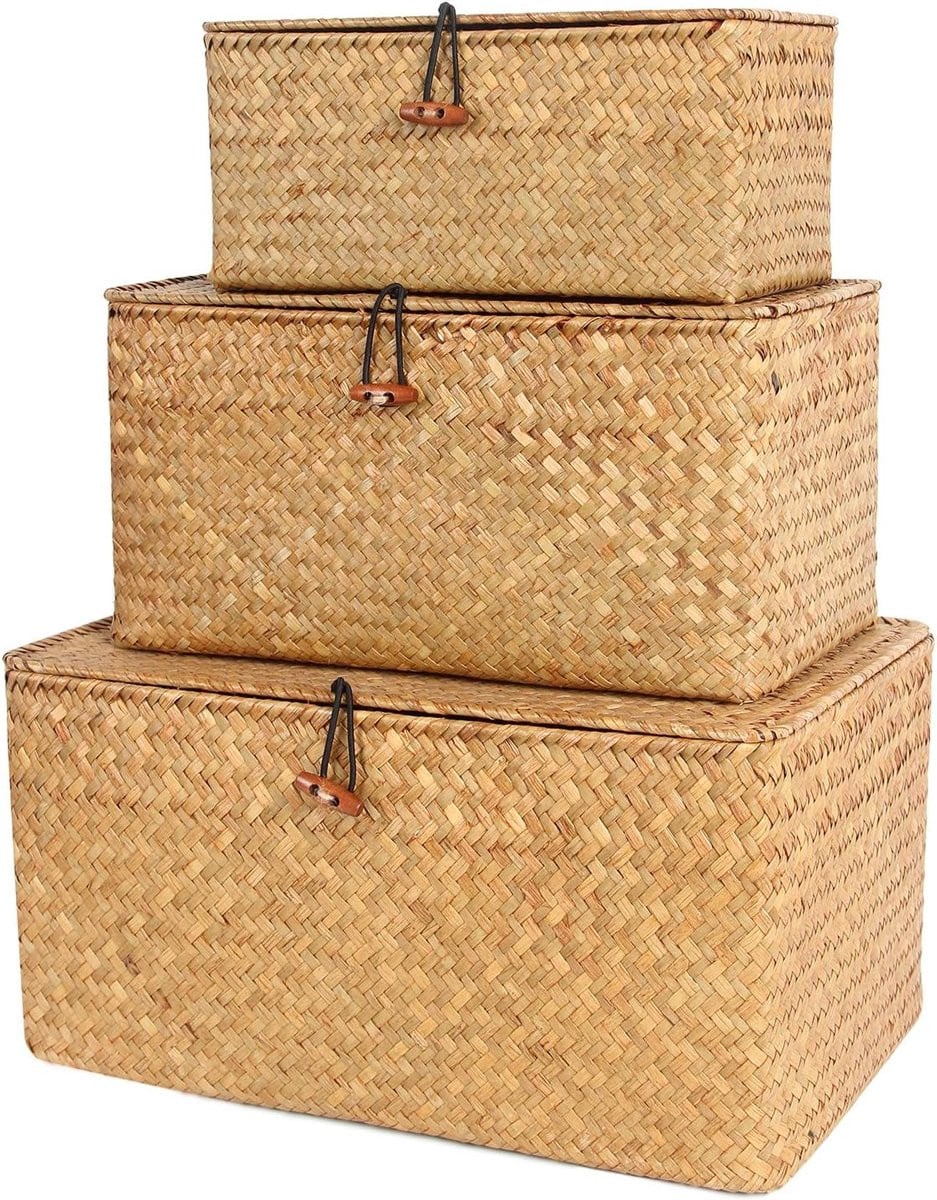Set van 3 handgeweven Seagrass en Rieten Opbergmanden met Deksel, Natuurlijk, Rectangulair