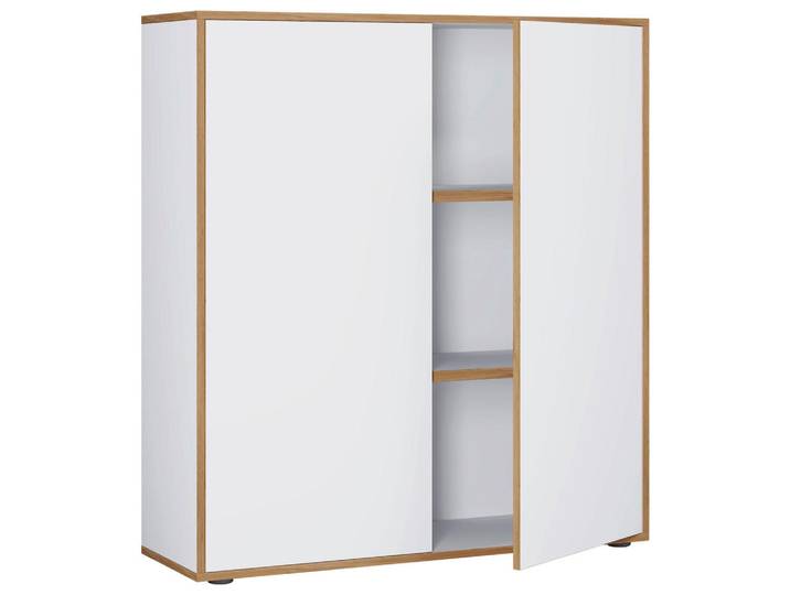 P & B Aktenschrank, Weiss, Honigeiche, Holzwerkstoff, 2 Fächer, 100x110x33 cm, griffloses Öffnen, Büromöbel, Aktenschränke
