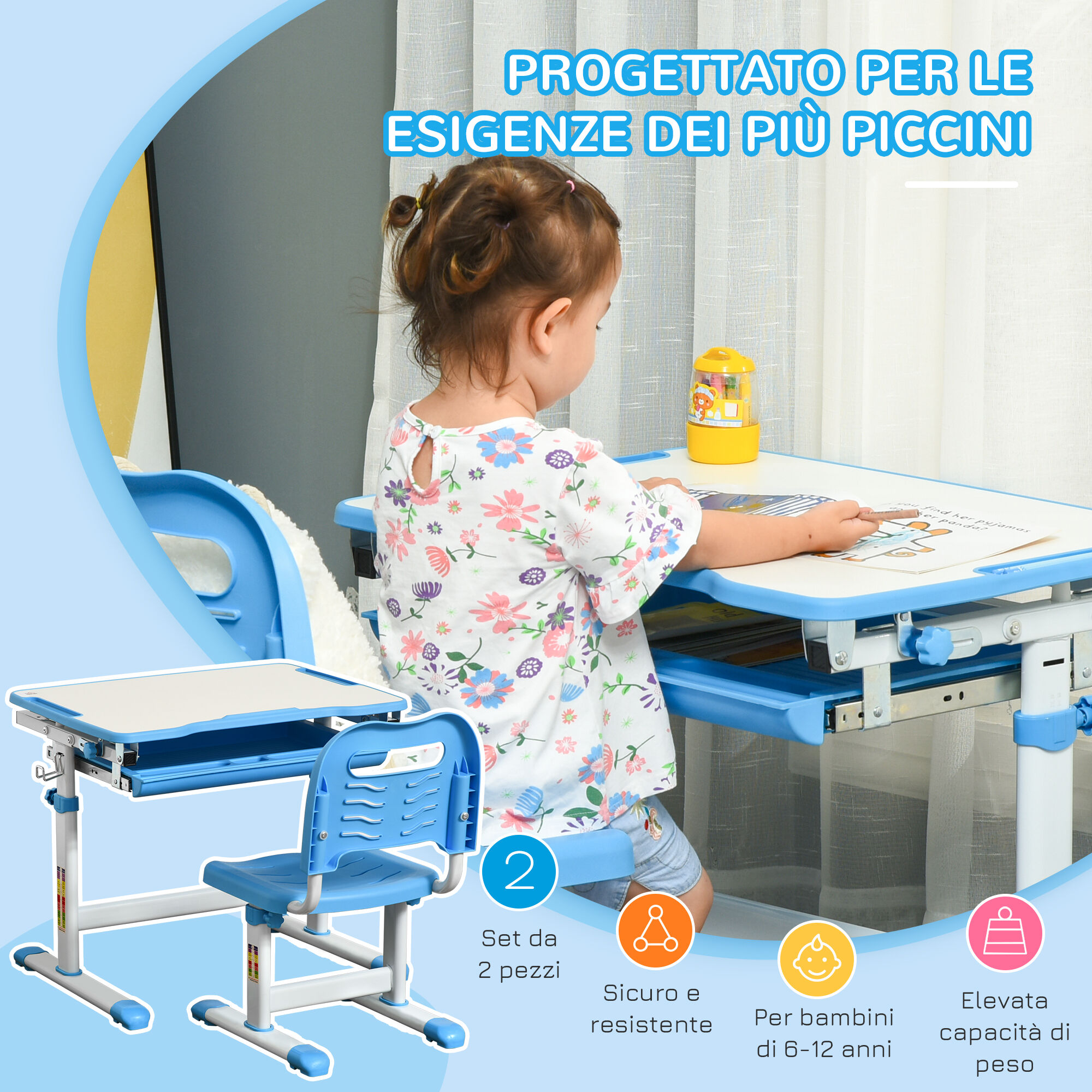 Altro Banco Scuola Per Bambini 6-12 Anni Con Sedia Regolabile, Cassetto E Piano Inclinabile, 66x47x52-77 Cm, Blu
