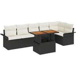 vidaXL 7-teiliges Garten-Dining-Set mit Kissen in Schwarz aus Poly Rattan und Akazie