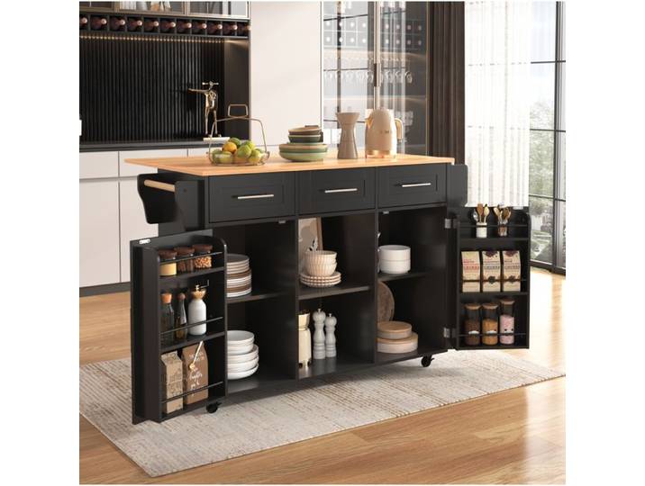 Desserte De Cuisine Noir Bois Ilot Rabattable FloraGrace Pour Cuisine 3 Tiroirs Et Rangements 139x46(71)x91 5cm
