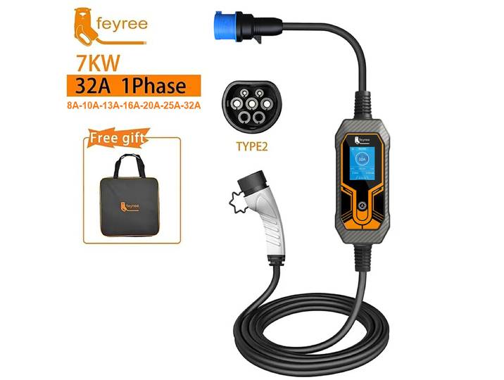 feyree Station de charge portable EVSE 7 kW (type 2, 1 phase, 32 A, câble 5 m, prise mâle CEE) pour voiture électrique