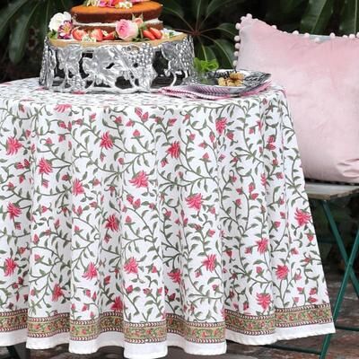 Decor Mantra Round Tablecloth- Pink Green floral Ivy