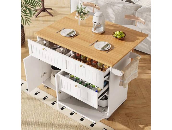 Desserte de Cuisine à 1 Abattant Rangement Multi-niveaux et Roulettes - MEUNIQ - Scandinave pour Cuisine MDF Blanc
