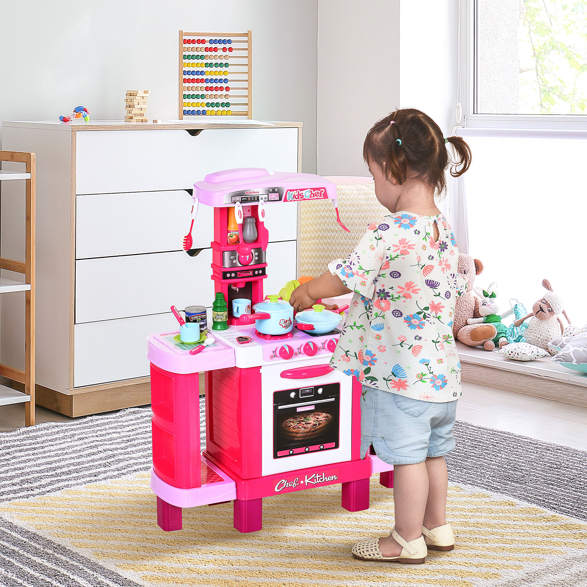 Homcom Cucina Giocattolo per Bambini con 38 Accessori Inclusi, Gioco con Luci e Suoni Realistici, 78x29x87cm, Rosa Aosom
