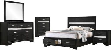 Benjara Vino Black 5 Piece Full Bed Set with Storage, Dressers, Glitter Accent