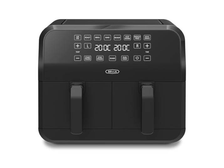 bella 8L Dual Basket Heißluftfritteuse mit Touchscreen, 8 Kochfunktionen, einstellbarer Temperatur, automatischer Abschaltung und Timer, antihaftbeschichteten Kochschalen, 1700W, Schwarz