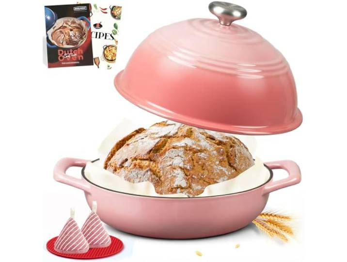 Overmont Gusseisen Topf Emaille Brotbacktopf - 5.7L Bräter Schmortopf mit Deckel und Kochbuch – für Küche Backen Schmoren Braten - Rosa