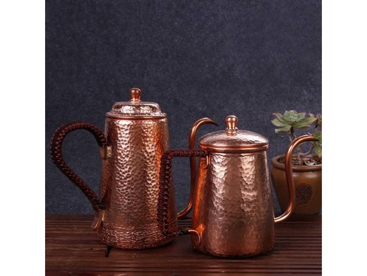 Cafetière Vintage en cuivre pur, tissage de Texture de marteau, bouilloire filtrante Portable résistante à la chaleur de 500 ml, théière à bec incurvé fabriquée à la main