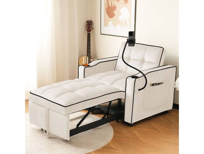 Fauteuil Convertible 1 Place Fauteuil Salon avec Porte-Gobelet et Support Téléphone Chauffeuse 1 Place Chaise Ergonomique Beige