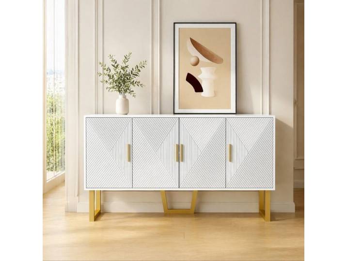 Buffet blanc moderne luxueux 150cm - portes structurées hautement brillantes avec poignées dorées 4 portes