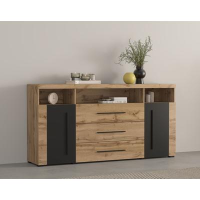 Sideboard OTTO HOME "Roger,Breite 182cm, stilvolle Schrank, 2 Holztüren 3 Schubladen", braun (wotan eiche, schwarz), B:182cm H:92cm T:38,5cm, Sideboards, Sideboard, Kommode mit viel Stauraum, Einlegeböden verstellbar