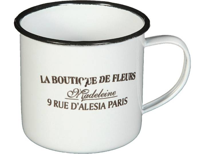 Tasse AMBIENTE HAUS Becher DE FLEUR aus Emaille in Antikweiß , weiß, B:12cm H:8cm, Emaille, Trinkgefäße, Tasse