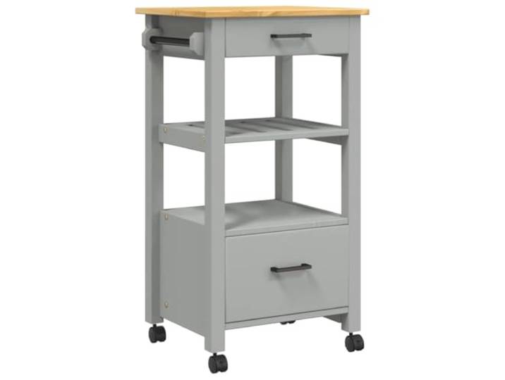 Foknhdi Küchenwagen Massivholz Kiefer Rollwagen MONZA 48x40x88,5 cm Kompakter Servierwagen für Küche und Wohnzimmer mit 2 Schubladen, Lattenrost-Ablage, Holzstange und Metallhaken.
