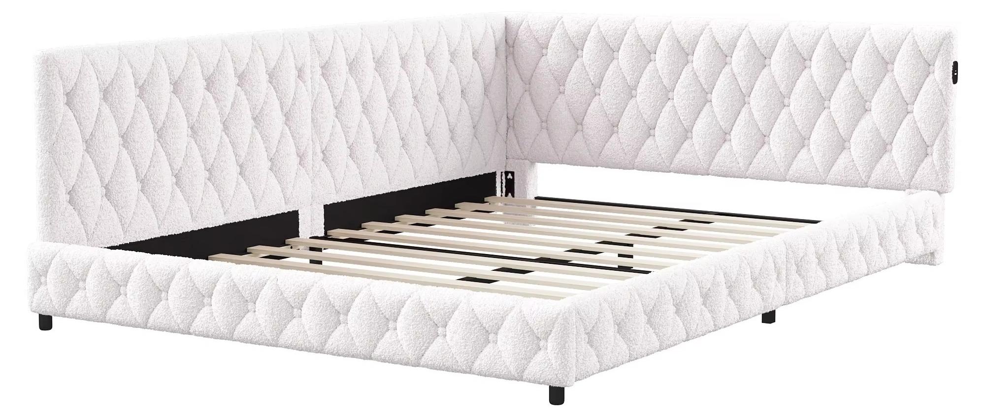 Tagesbett - Schlafsofa 140 x 200 cm - L-förmig - Lattenrost - Teddyplüsch - Für Kinder und Jugendliche - Weiß