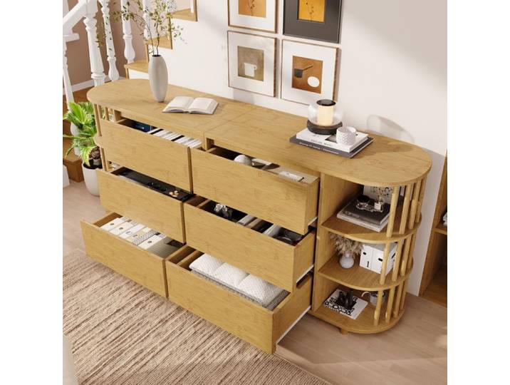 Buffet Bahut Salon Salle à Manger 6 Tiroirs Étagères Ouvertes Grand Rangement 160x40x75 cm LEMLIT - Chêne