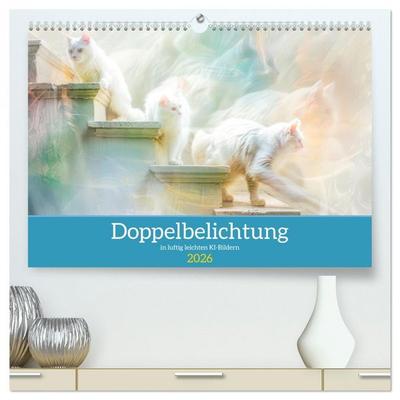 Doppelbelichtung in luftig leichten KI-Bildern (hochwertiger Premium Wandkalender 2026 DIN A2 quer), Kunstdruck in Hochglanz