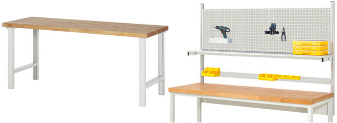 Set Rau Baukastenwerkbank, Arbeitsplatte Buche massiv 40 mm + System-Aufbau Komplettset 01