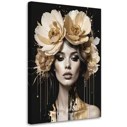 BILD auf Leinwand, Frau Glamour mit Blumen auf dem Kopf in beige und gold
