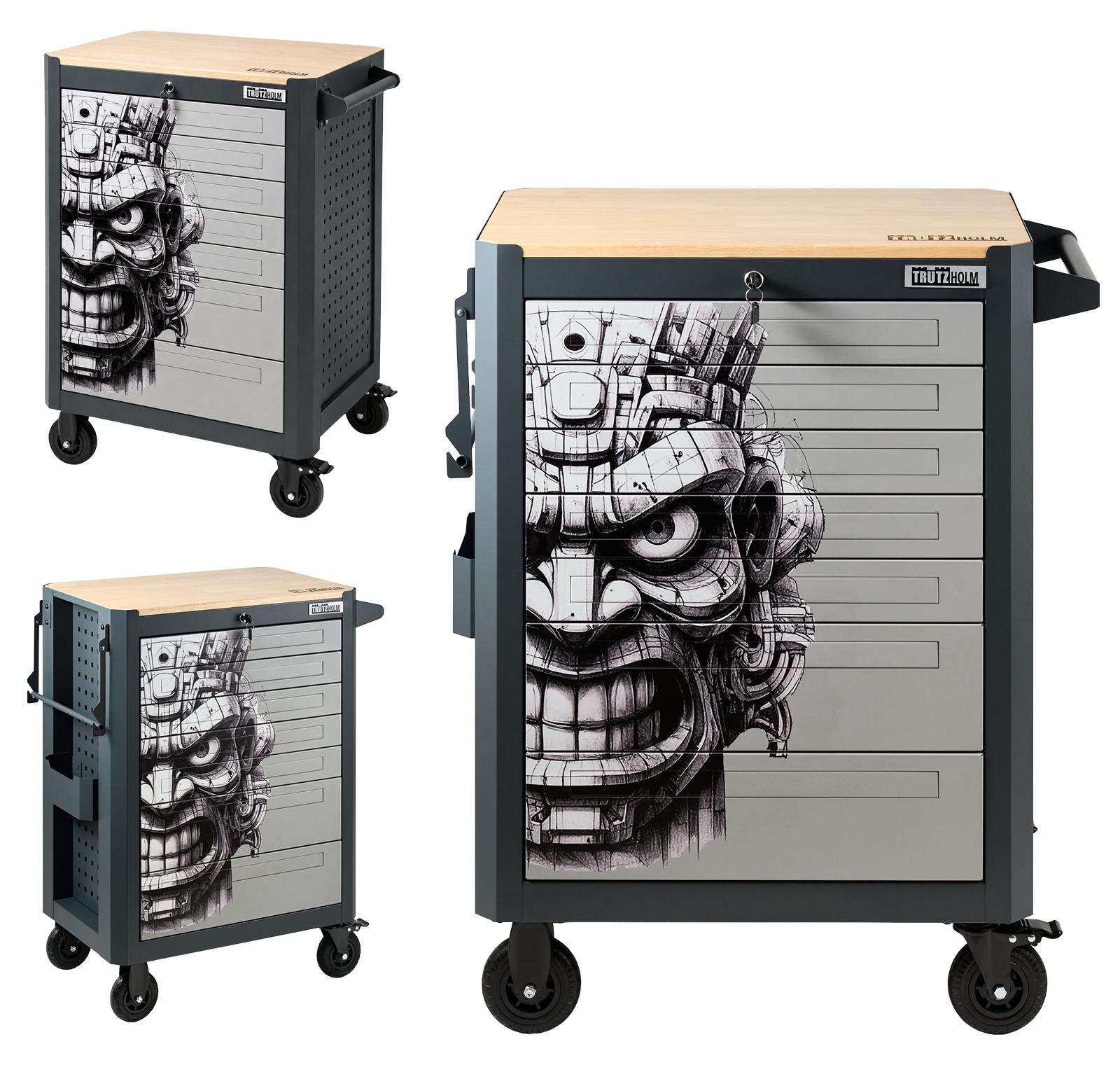 Werkstattwagen polynesisches Motiv 99x82 cm Werkzeuwagen 7 Schubladen mit Holzplatte Einlassgriffe
